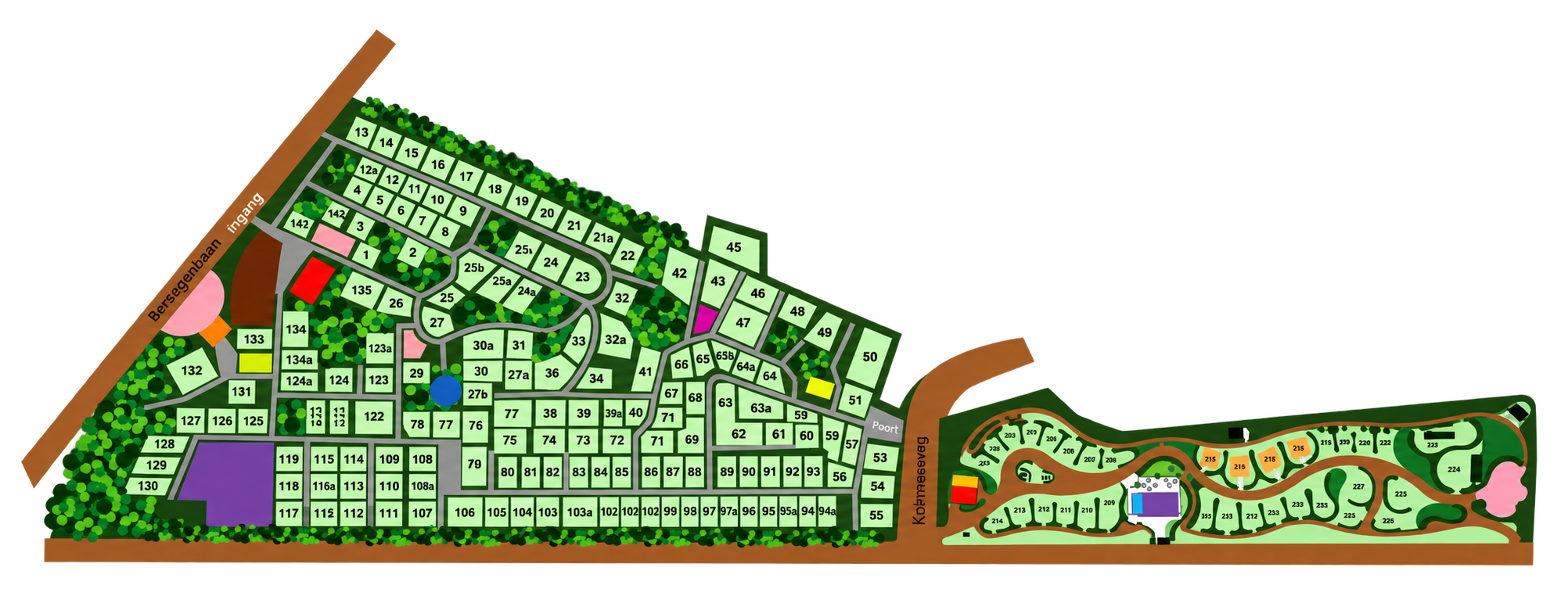 Plattegrond van Camping Siësta met kampeerterrein, speeltuin, sanitair en La Cantina